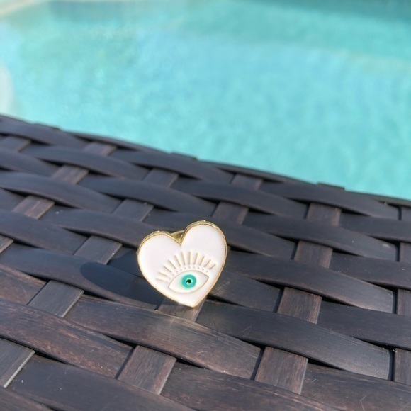 White Heart & Evil Eye Faux Gold Adjustable Ring Trendy Jewelry NWT - Picture 1 of 3